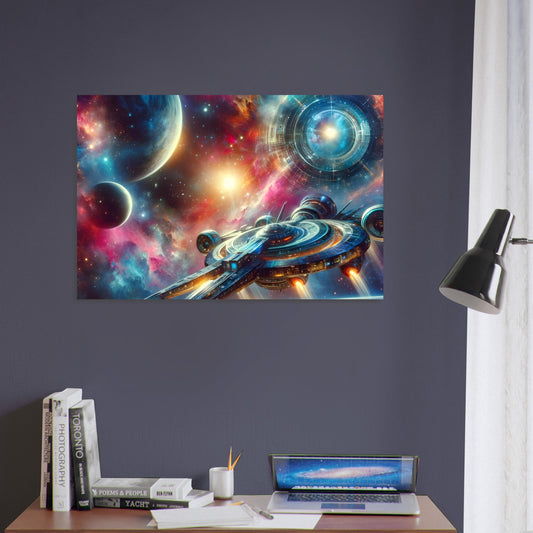 Metal poster featuring a futuristic spaceship navigating glowing nebulas, twinkling stars, and majestic planets in deep space.