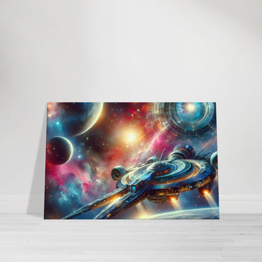 Futuristic spaceship flying through a colorful space scene with glowing nebulas, stars, and planets – cosmic journey canvas print.