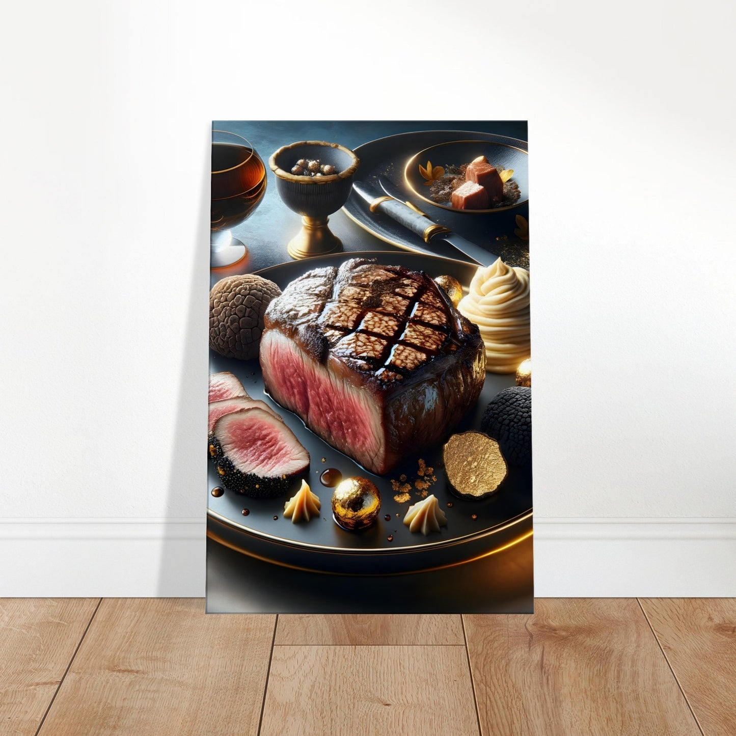Canvas wall art depicting a seared Wagyu steak with truffle puree, foie gras, and gold leaf garnish.