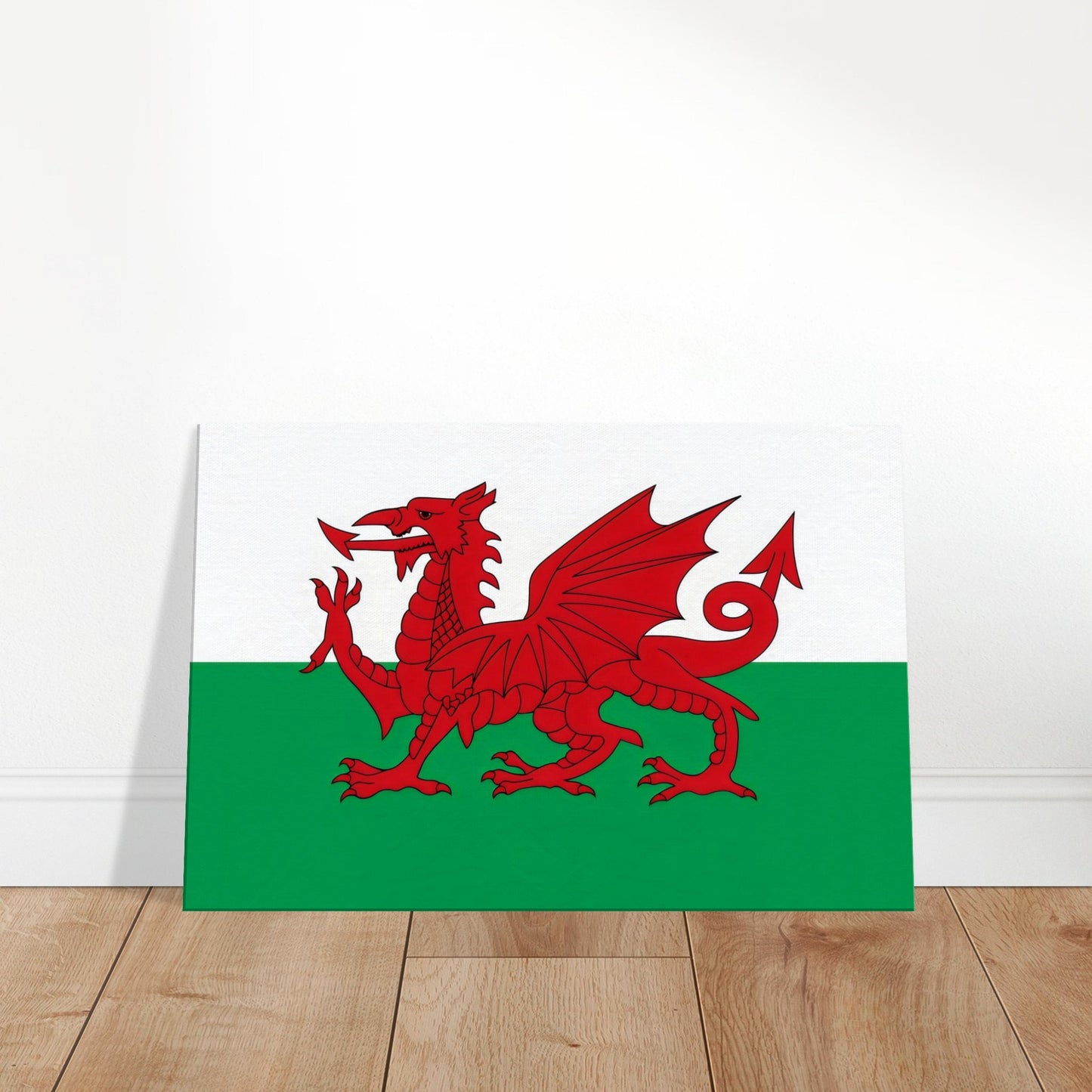 Premium canvas print of the Wales flag featuring a red dragon on white and green background in landscape format.