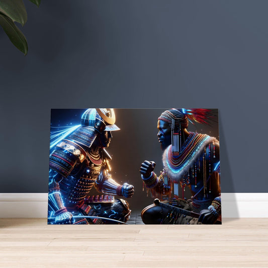 Two warriors from different cultures face each other under cosmic light in a powerful, detailed confrontation scene.