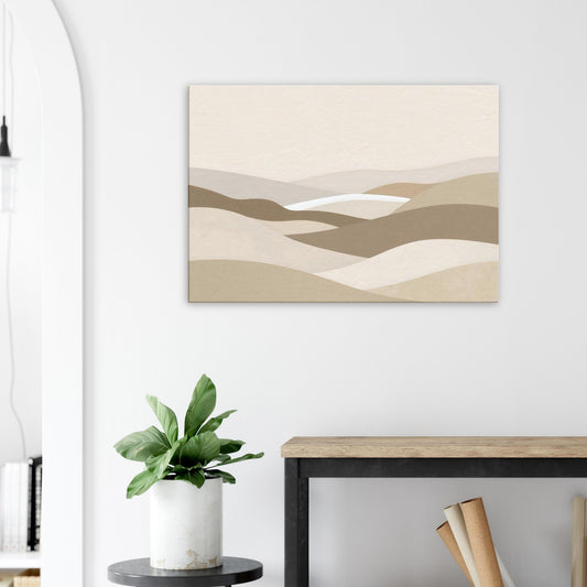 Minimalist neutral canvas featuring soft flowing linear waves on a pale cream background.