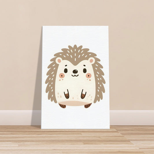 Minimalist cartoon hedgehog with soft expression on a clean white background.