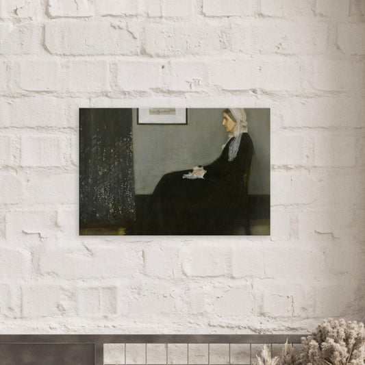Canvas art reproduction of James McNeill Whistler’s Arrangement in Grey and Black No. 1 (Whistler’s Mother), featuring a serene portrait of the artist’s mother in profile with soft tones and classic elegance.