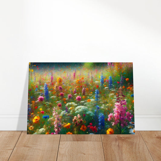Painting of a wildflower meadow with colorful blooms swaying in the breeze, rendered in vivid brushstrokes with light and shadow play.