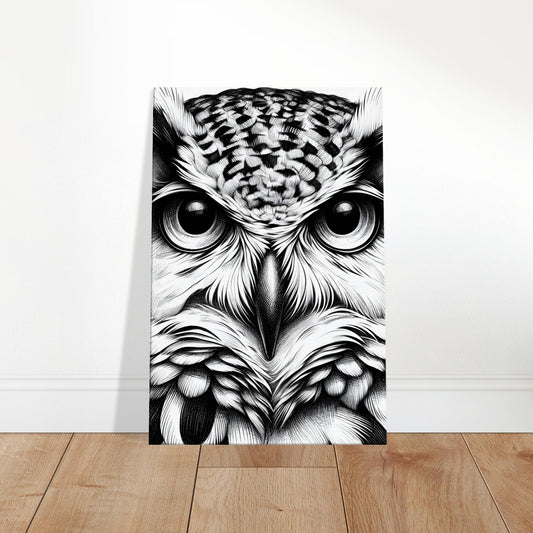 Pencil sketch of a wise owl perched on moonlit branches with detailed feathers and intense gaze.