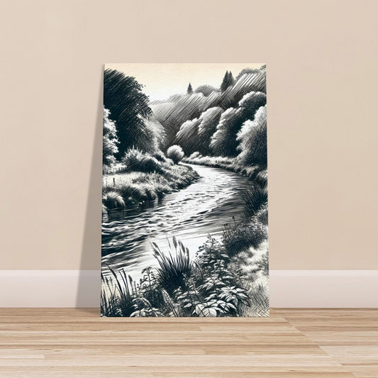 Monochrome sketch of a woodland river flowing through trees with textured grasses and rippling water.