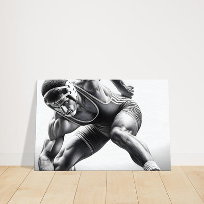 Pencil sketch of a wrestler mid-grapple, muscles flexed and expression intense, capturing dynamic motion and strength.