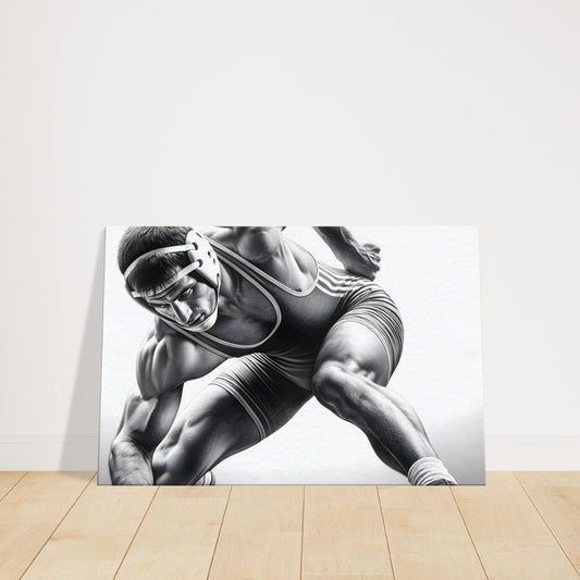 Pencil sketch of a wrestler mid-grapple, muscles flexed and expression intense, capturing dynamic motion and strength.