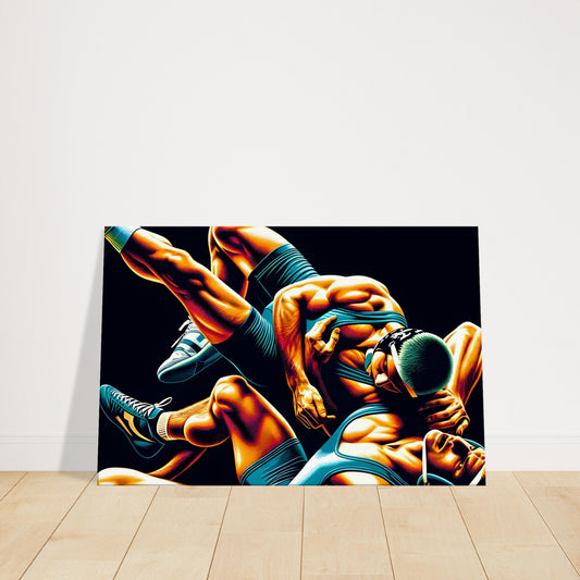 Two wrestlers interlocked in a powerful grappling pose on a dark mat, highlighted by dramatic lighting.