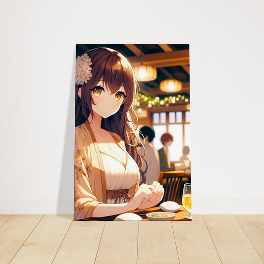 Anime character Yuna seated in a warmly lit restaurant, enjoying a meal amid detailed interior decor.