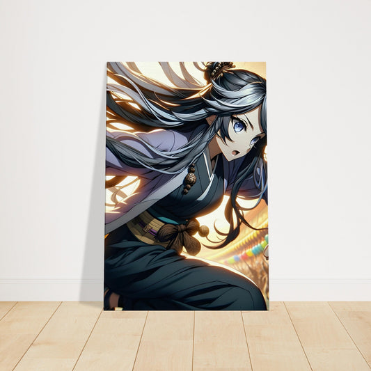 Anime character Yuna with gray hair and battle gear, retreating from a combat scene with motion trails and debris.