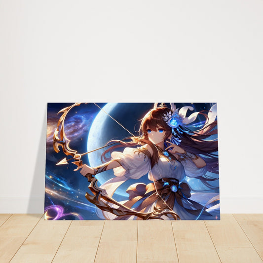 Anime character Yuna with glowing bow and arrows, summoning stars and galaxies in a magical moonlit garden.