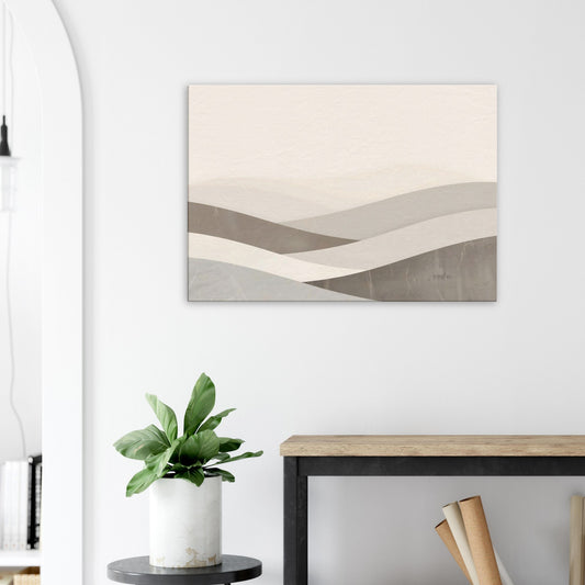 Landscape canvas with horizontal bamboo, taupe, cream, and stone layers evoking Japandi calm.