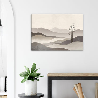 Landscape canvas with horizontal muted bamboo, cream, taupe, and pale grey layers evoking Japandi harmony.