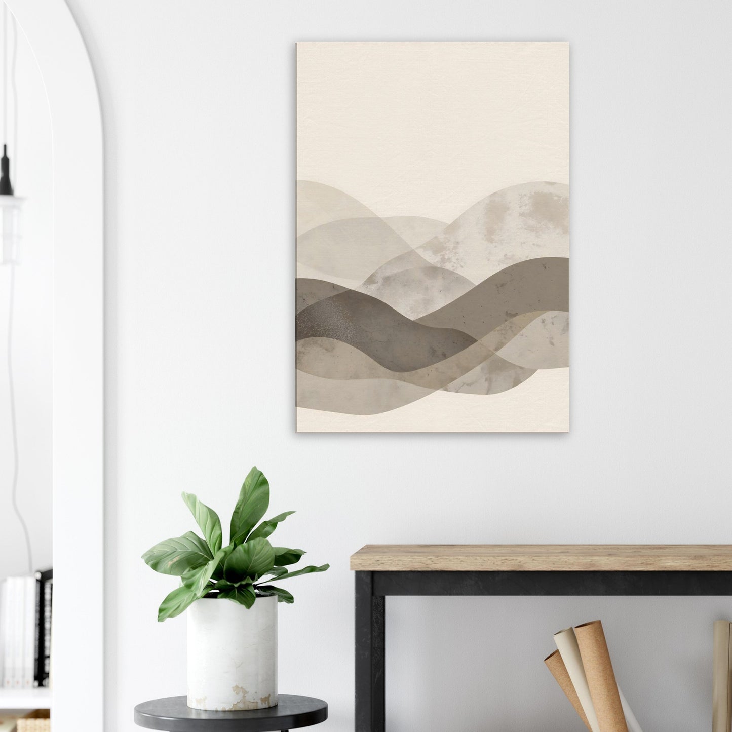 Portrait canvas with vertical stone, bamboo, cream, and taupe layers evoking Japandi balance.