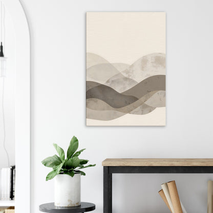 Portrait canvas with vertical stone, bamboo, cream, and taupe layers evoking Japandi balance.