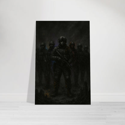 Powerful group military wall art of a band of soldiers ready for battle. Rugged black-and-white style with mixed accent tones from the Warfare Division series.