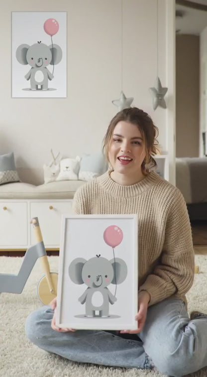 Ellie Elephant, Pink Balloon - Children's Canvas Wall Art Print